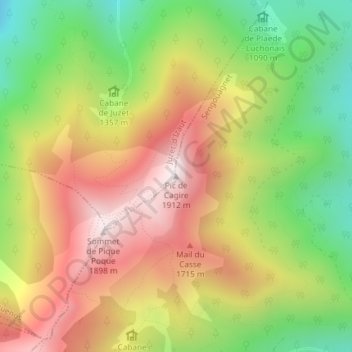 Mapa topográfico Pic de Cagire, altitude, relevo