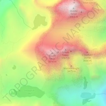 Mapa topográfico South Teton, altitude, relevo