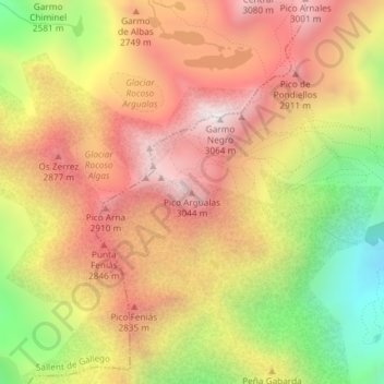 Mapa topográfico Pico Argualas, altitude, relevo