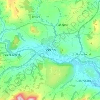 Mapa topográfico Brecon, altitude, relevo