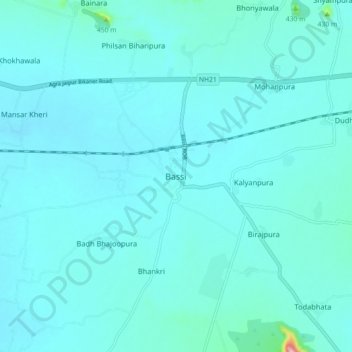 Mapa topográfico Bassi, altitude, relevo