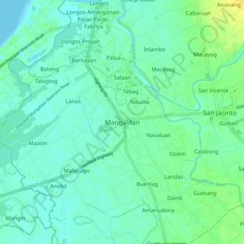 Mapa topográfico Mangaldan, altitude, relevo