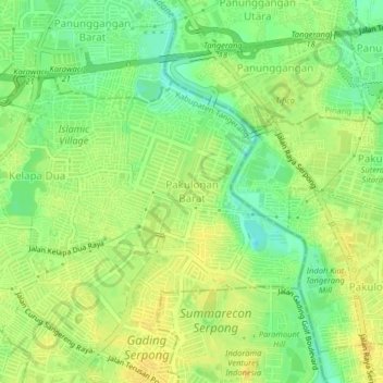 Mapa topográfico Pakulonan Barat, altitude, relevo