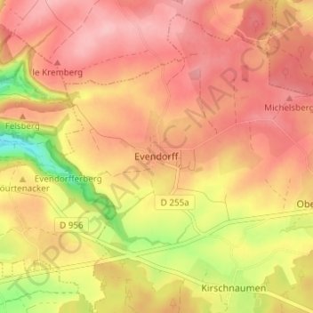 Mapa topográfico Evendorff, altitude, relevo