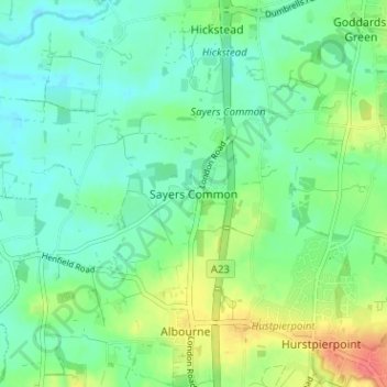 Mapa topográfico Sayers Common, altitude, relevo