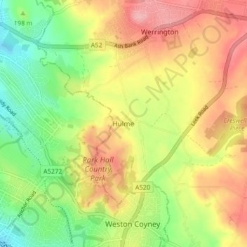 Mapa topográfico Hulme, altitude, relevo