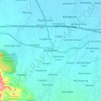 Mapa topográfico Palimanan, altitude, relevo