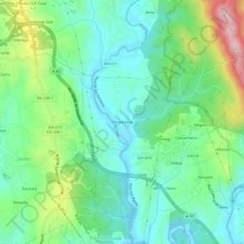 Mapa topográfico Ferreirinha, altitude, relevo