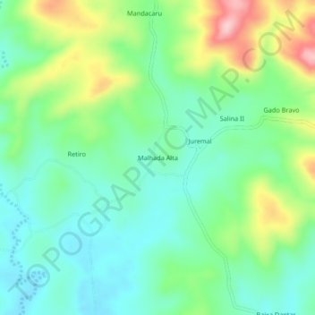 Mapa topográfico Malhada Alta, altitude, relevo
