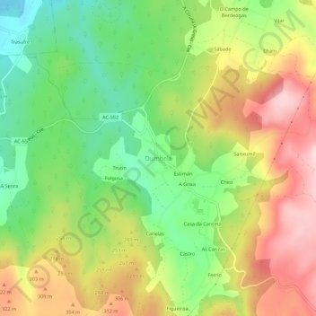 Mapa topográfico Dumbría, altitude, relevo