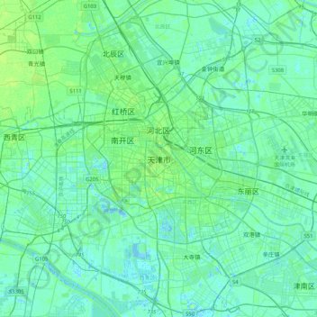 Mapa topográfico 天津市, altitude, relevo