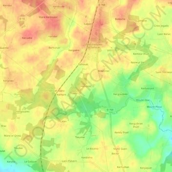 Mapa topográfico Kervossic, altitude, relevo