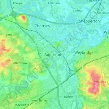 Mapa topográfico Addlestone, altitude, relevo