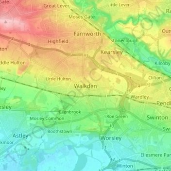 Mapa topográfico Walkden, altitude, relevo