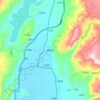 Mapa topográfico 牛街乡, altitude, relevo