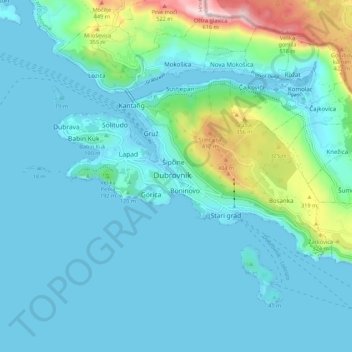 Mapa topográfico Dubrovnik, altitude, relevo