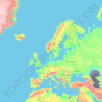 Mapa topográfico Europa, altitude, relevo