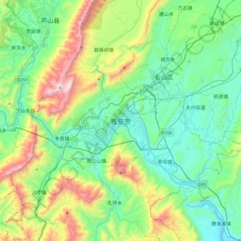 Mapa topográfico 雅安市, altitude, relevo