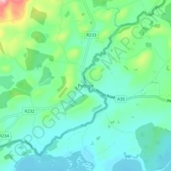 Mapa topográfico Pettigo, altitude, relevo