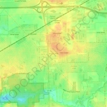 Mapa topográfico Arbury Hills, altitude, relevo