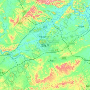 Mapa topográfico 崇左市, altitude, relevo