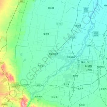 Mapa topográfico 青铜峡市, altitude, relevo