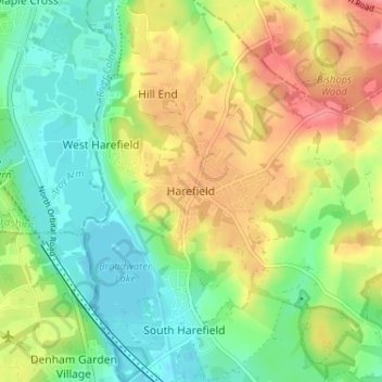 Mapa topográfico Harefield, altitude, relevo