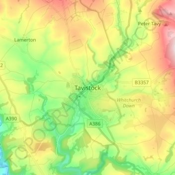Mapa topográfico Tavistock, altitude, relevo