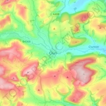 Mapa topográfico Clun, altitude, relevo