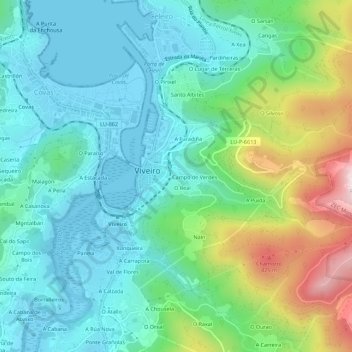 Mapa topográfico O Ortigal, altitude, relevo