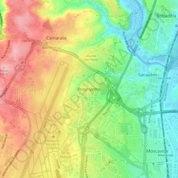 Mapa topográfico Prior Velho, altitude, relevo