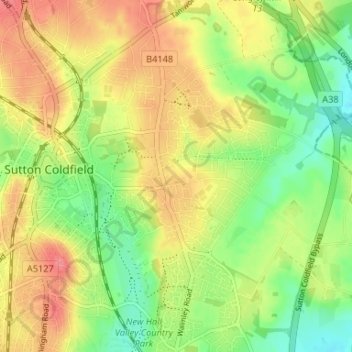 Mapa topográfico Reddicap Heath, altitude, relevo