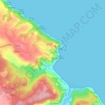 Mapa topográfico Lastres, altitude, relevo