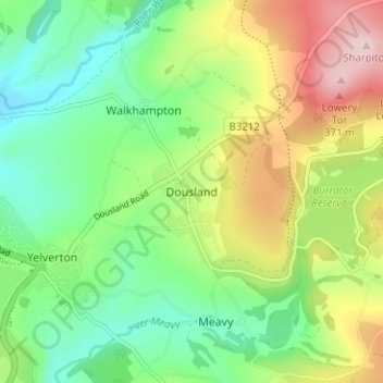 Mapa topográfico Dousland, altitude, relevo