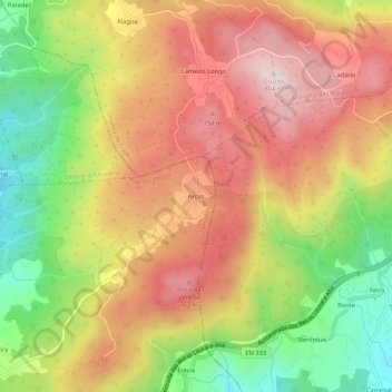 Mapa topográfico Arcas, altitude, relevo
