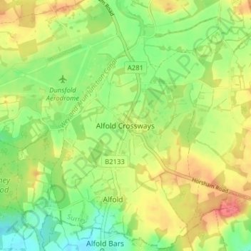 Mapa topográfico Alfold Crossways, altitude, relevo
