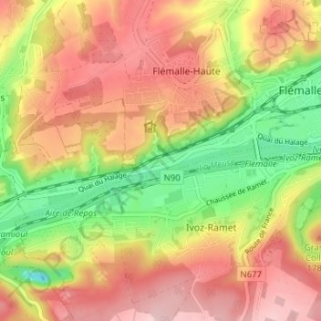 Mapa topográfico Chokier, altitude, relevo