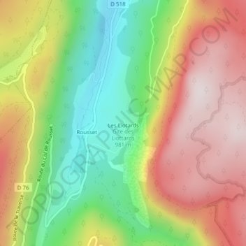 Mapa topográfico Gîte des Liottards, altitude, relevo