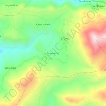 Mapa topográfico Cushcanday, altitude, relevo