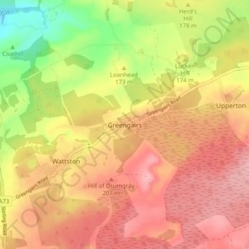 Mapa topográfico Greengairs, altitude, relevo