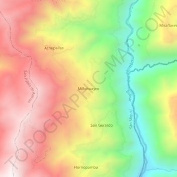 Mapa topográfico Millohuayco, altitude, relevo