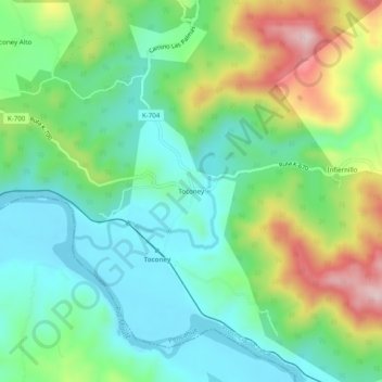 Mapa topográfico Toconey, altitude, relevo