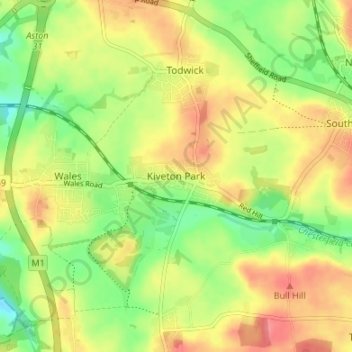 Mapa topográfico Kiveton Park, altitude, relevo