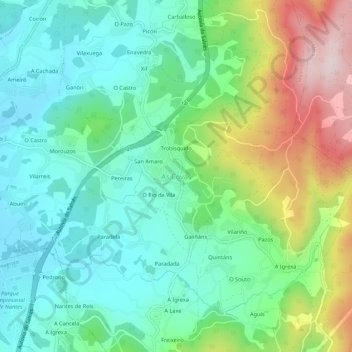 Mapa topográfico As Covas, altitude, relevo