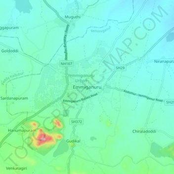 Mapa topográfico Emmiganuru, altitude, relevo
