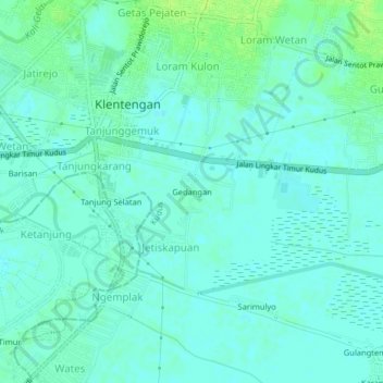 Mapa topográfico Gedangan, altitude, relevo