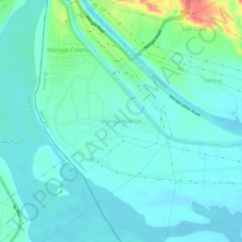 Mapa topográfico Mangla Hamlet, altitude, relevo