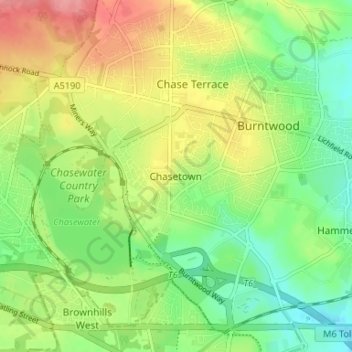 Mapa topográfico Chasetown, altitude, relevo