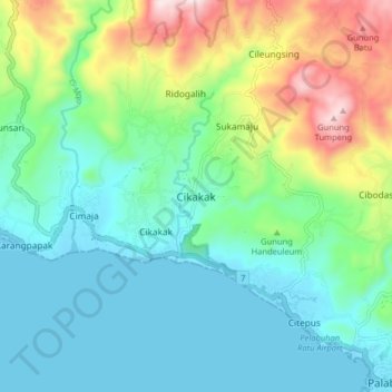 Mapa topográfico Cikakak, altitude, relevo