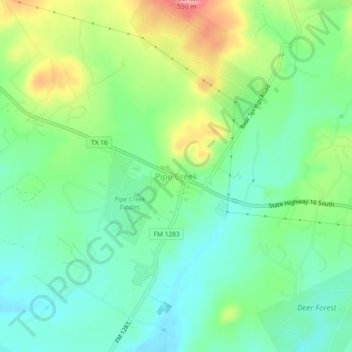 Mapa topográfico Pipe Creek, altitude, relevo